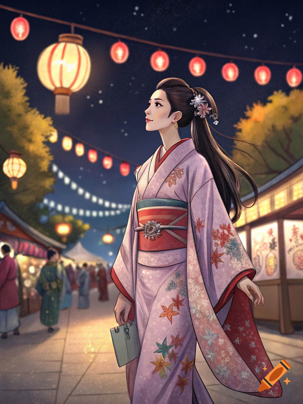 Illustration of a woman in a kimono walking through a Japanese night festival with lanterns.