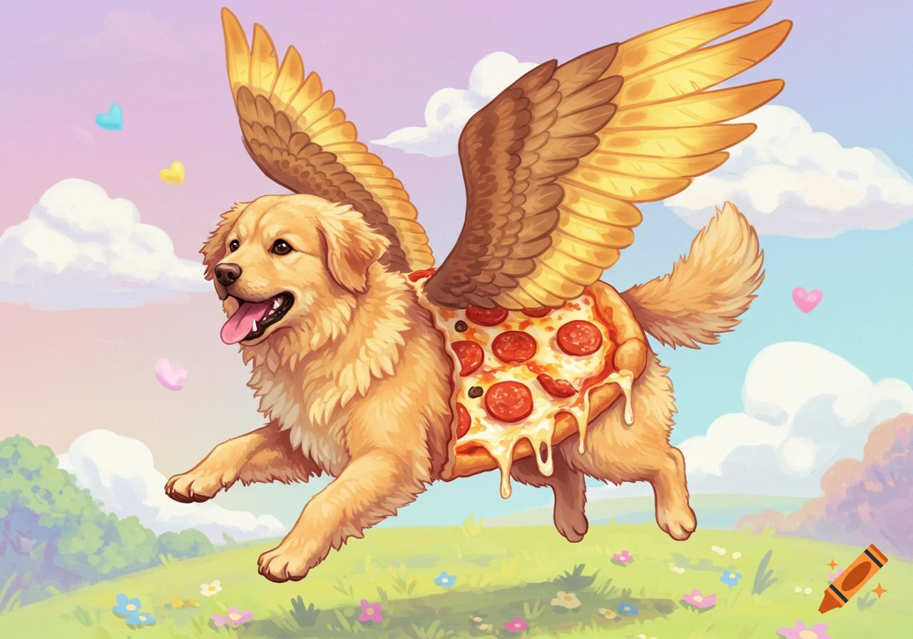 Digital illustration of a golden retriever with pizza body and wings flying over a flowery field.