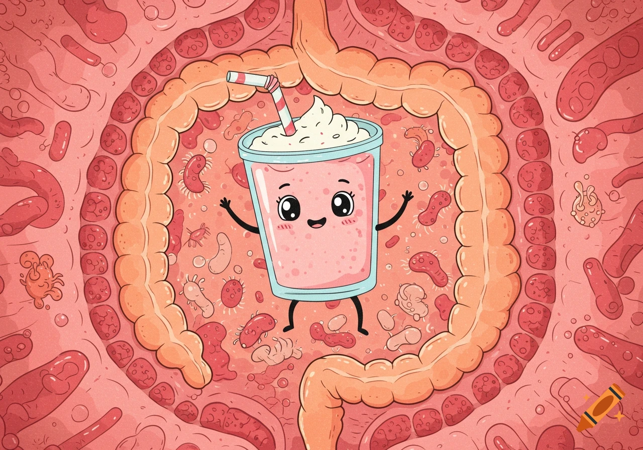 Cartoon milkshake character inside intestines with microbes.