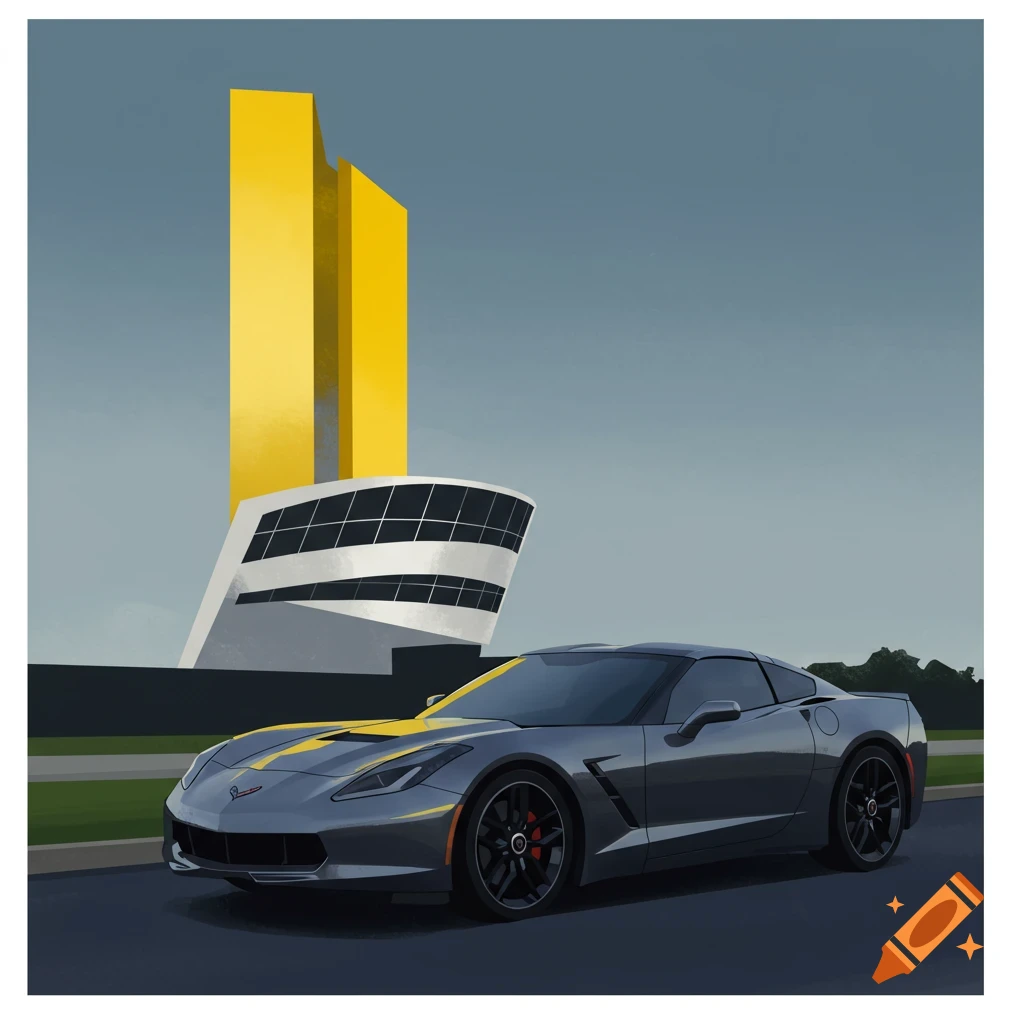 Grey car parked in front of a yellow building in an abstract painting style.