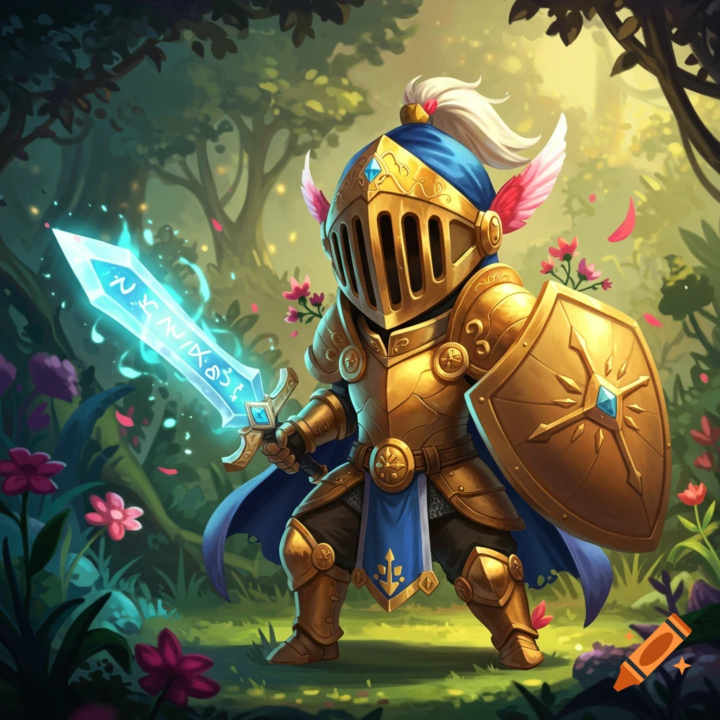 Chibi knight warrior with glowing sword and shield in a forest.