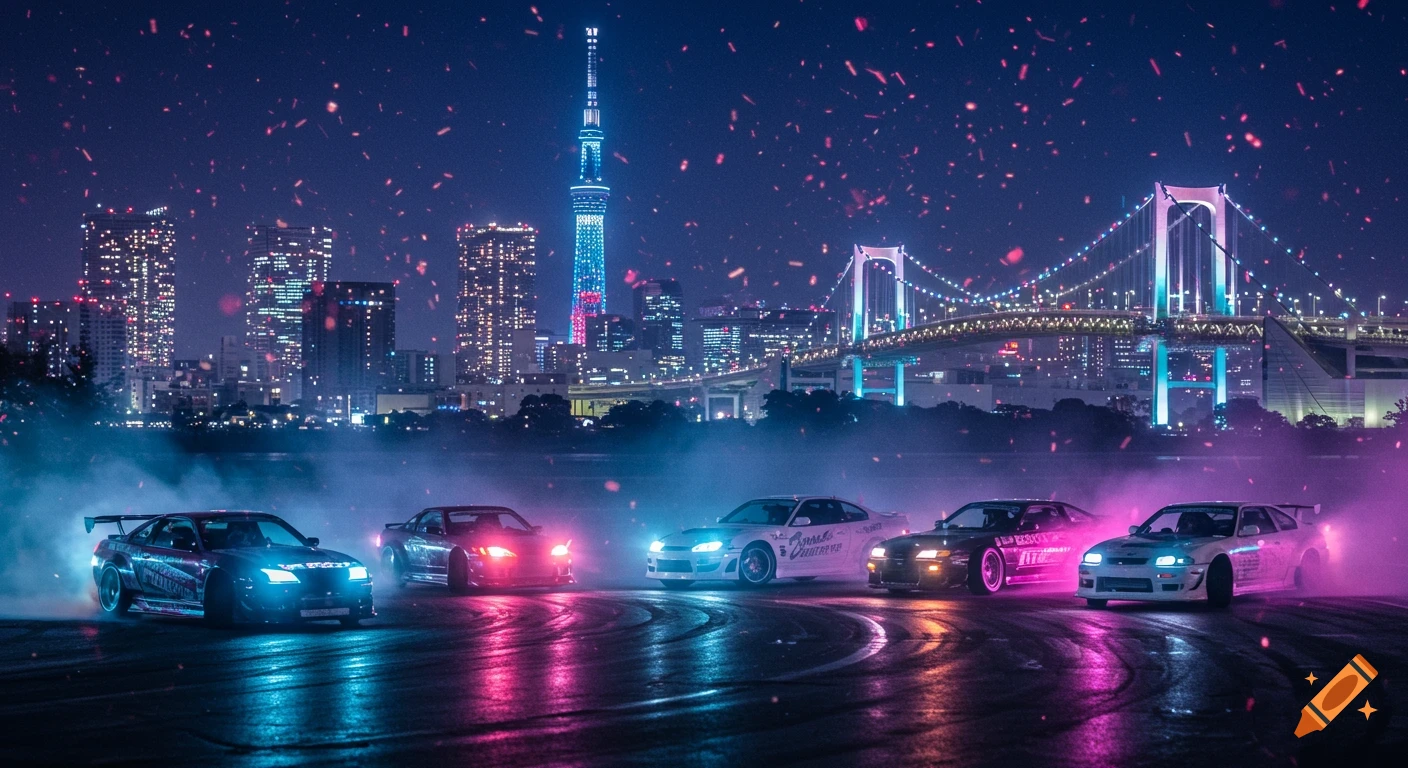 Cars drifting at night with neon lights and smoke against a city skyline and bridge.