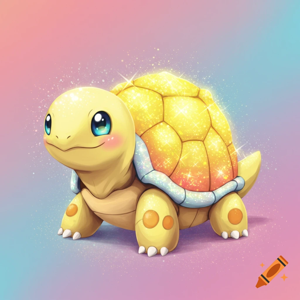 Cute cartoon golden turtle with sparkly shell and big blue eyes.
