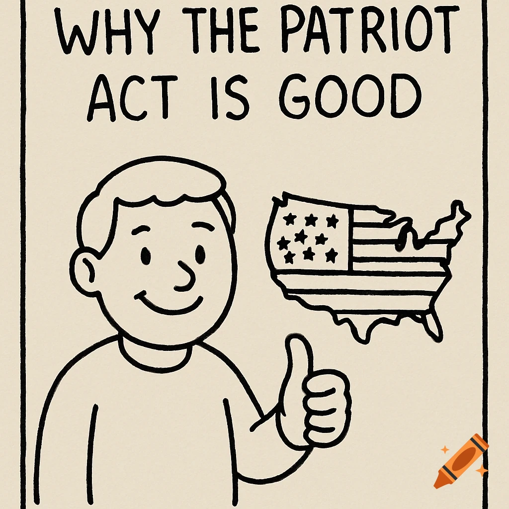 Cartoon person giving thumbs up next to US map with text 'WHY THE PATRIOT ACT IS GOOD'
