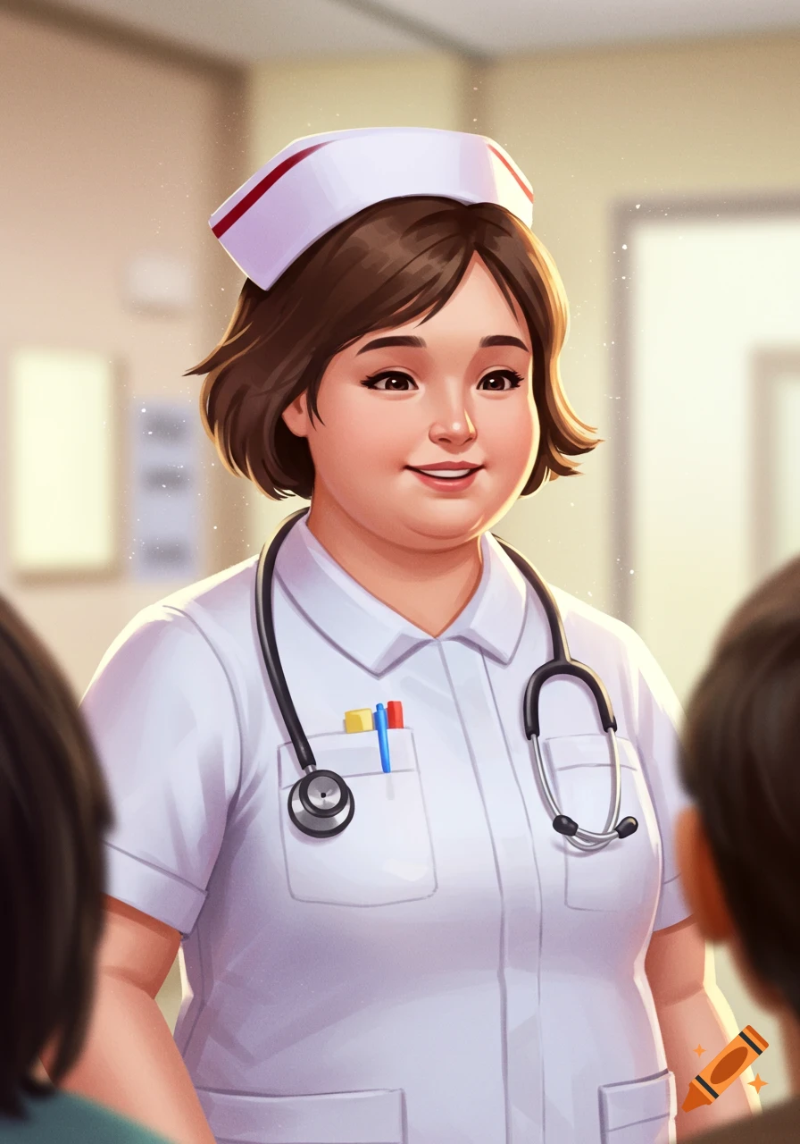 A cartoon illustration of a friendly nurse with a stethoscope and cap.