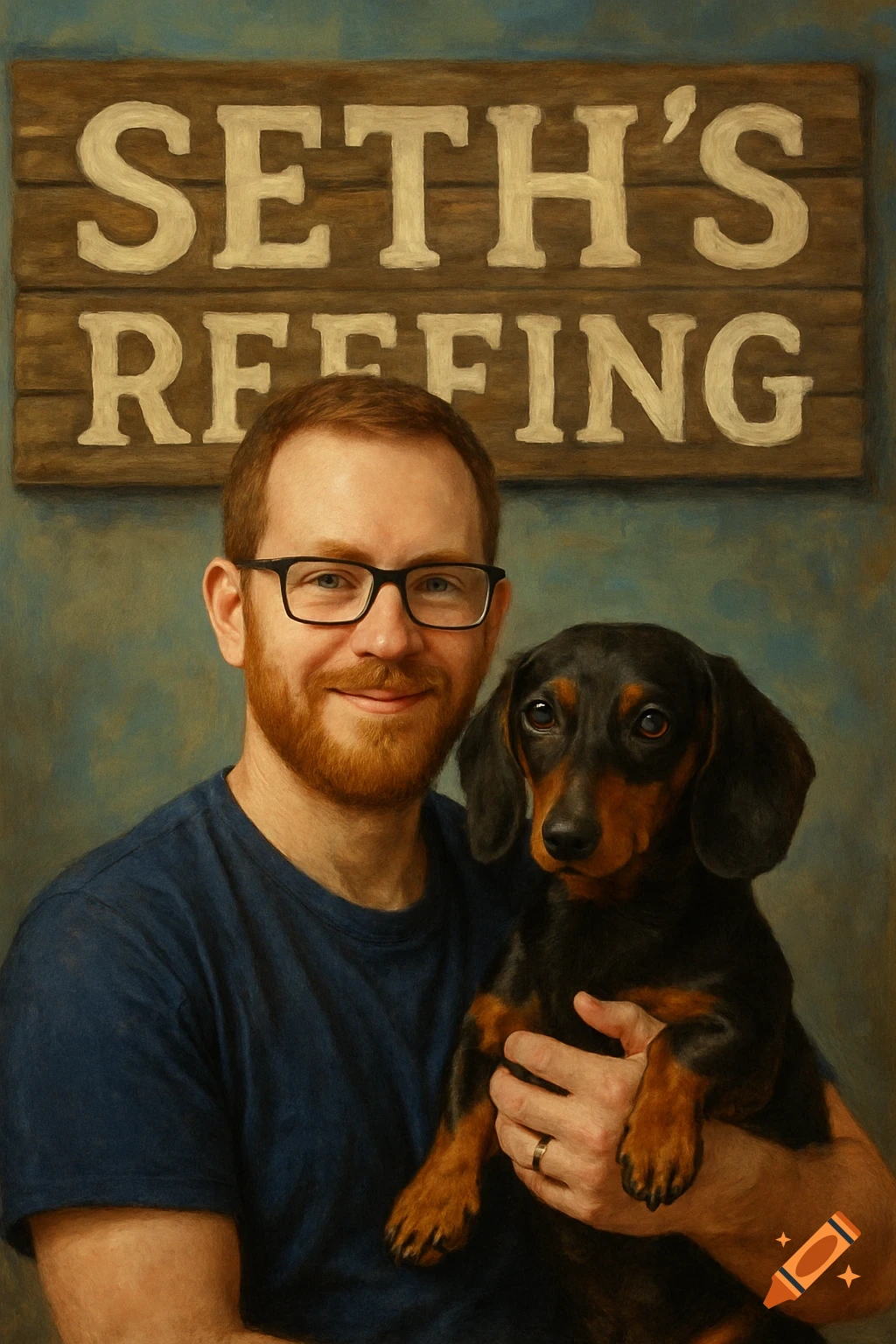 Painted portrait of a man in glasses holding a dachshund, with a sign reading 'SETH'S REEFING' behind them.