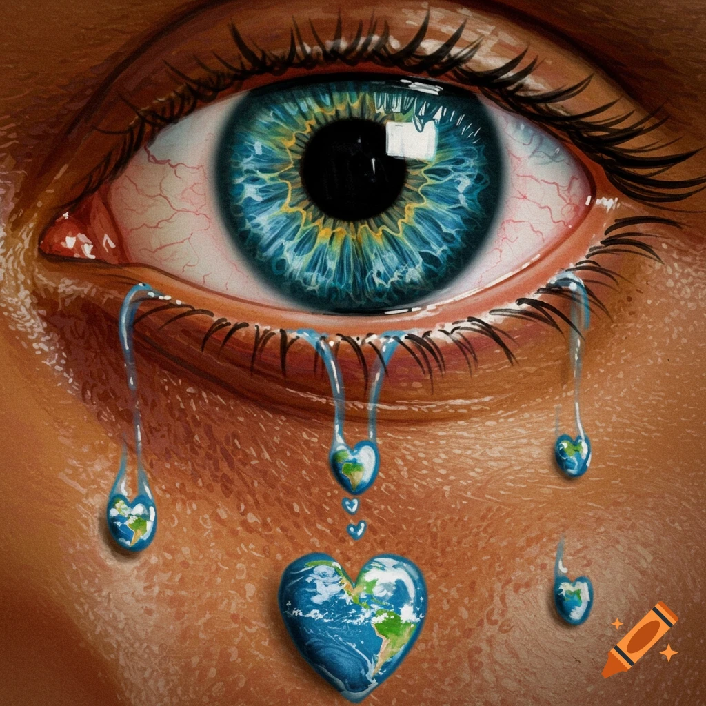 Close-up of a blue eye crying heart-shaped tears depicting the Earth.