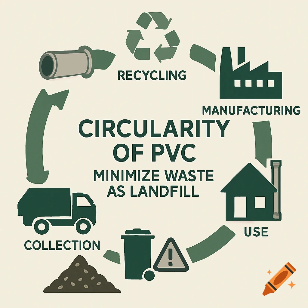Diagram illustrating the circularity of PVC recycling, showing steps like collection, recycling, manufacturing, and use to minimize landfill waste.