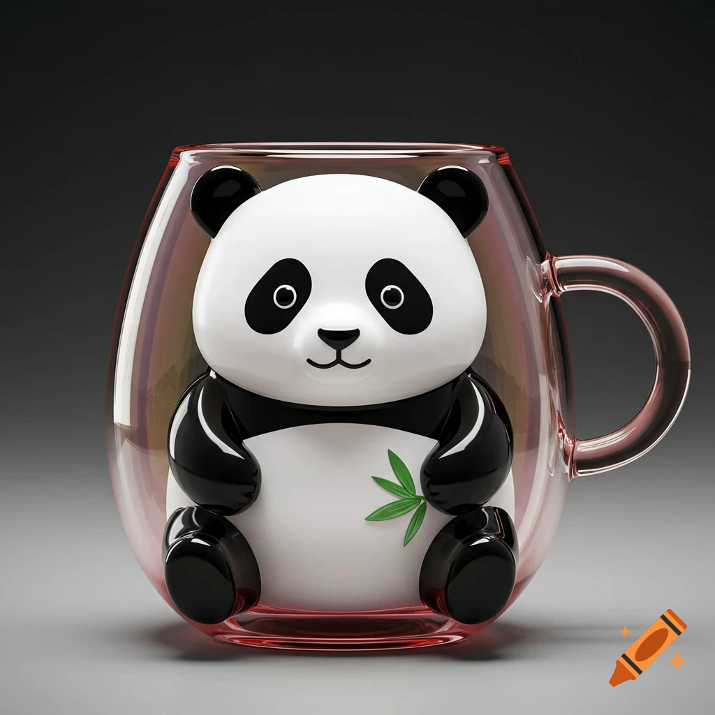 Glass mug with an internal panda shape design