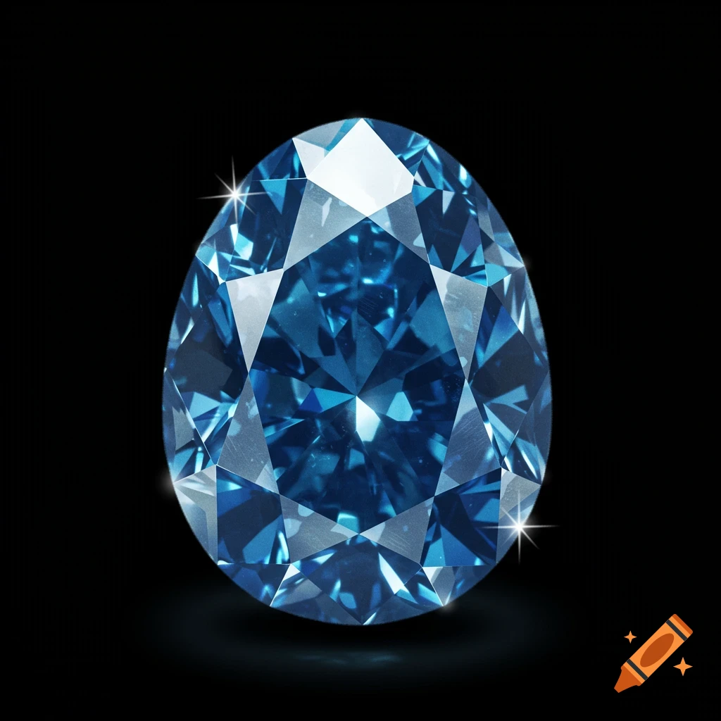 A large, sparkling blue diamond cut in an egg shape on a black background.