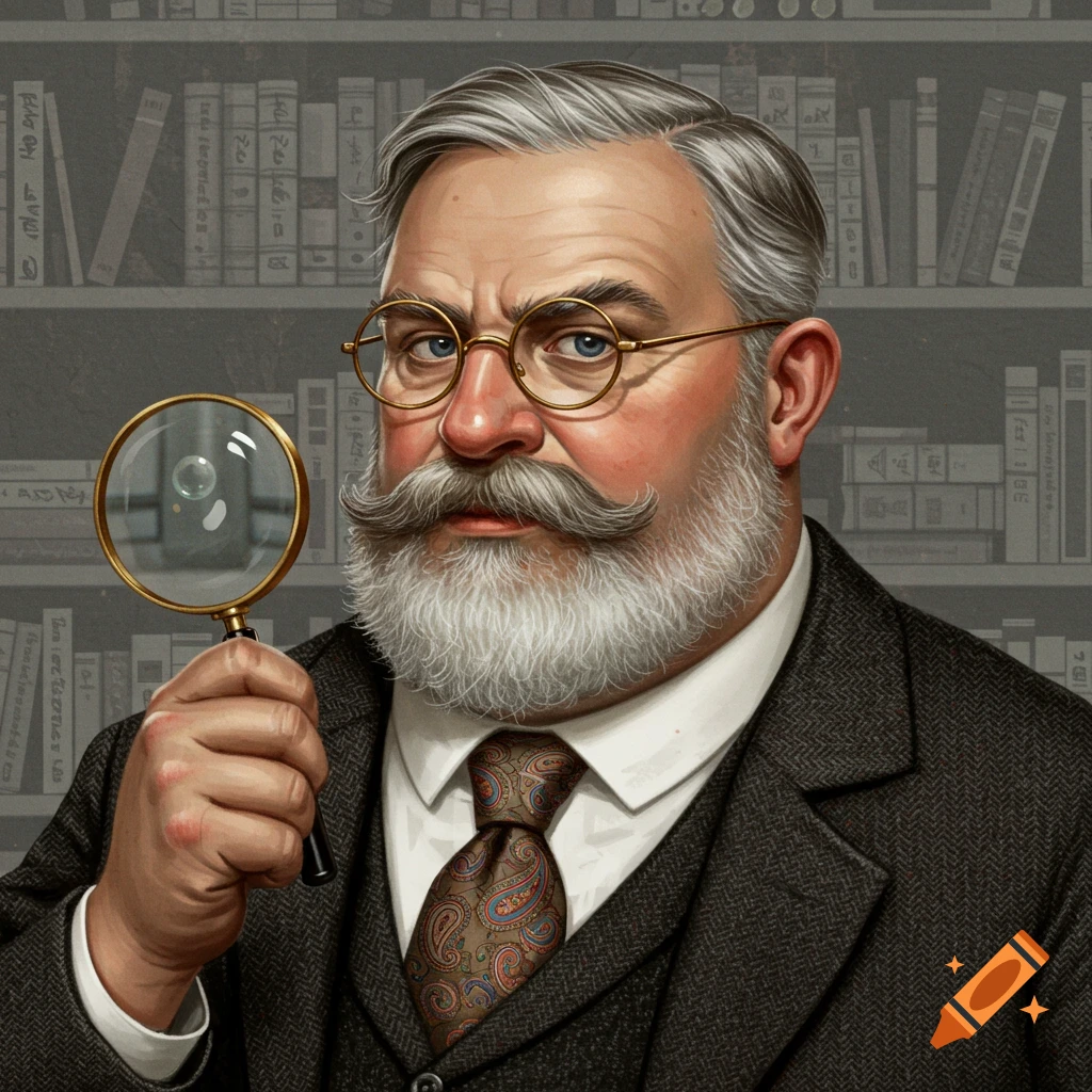 Illustration of an older man with a beard, glasses, and suit holding a magnifying glass in a library.