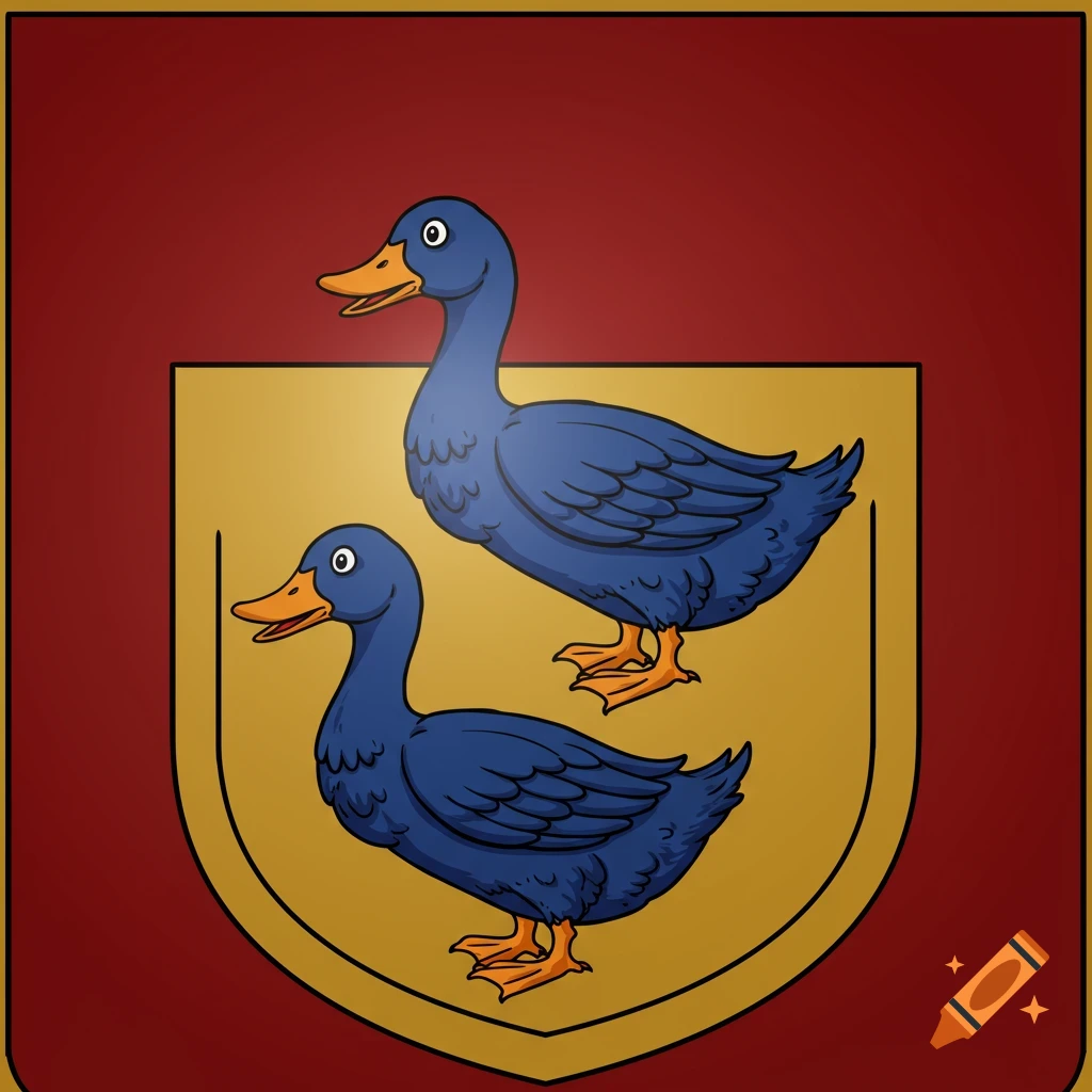 Coat of arms with two blue cartoon ducks on a golden shield