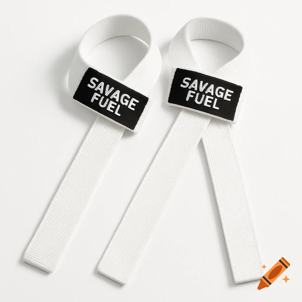 Two white lifting straps with 'SAVAGE FUEL' logos laid flat on a white background