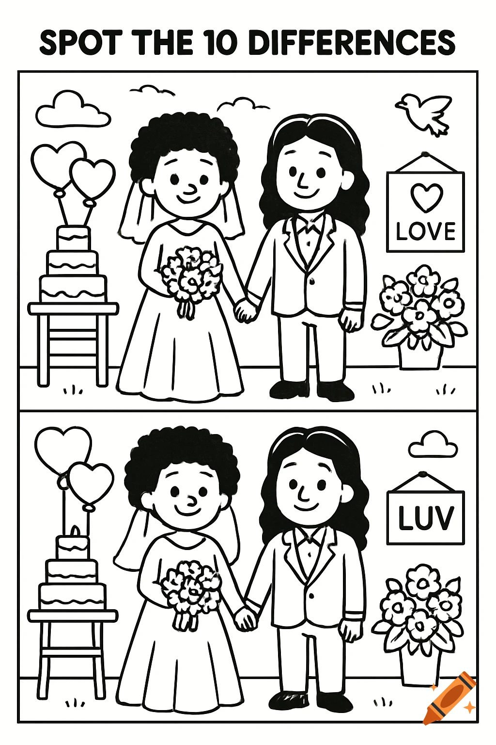 Black and white spot the difference coloring page of a cartoon wedding scene with two figures, cake, balloons, and flowers.