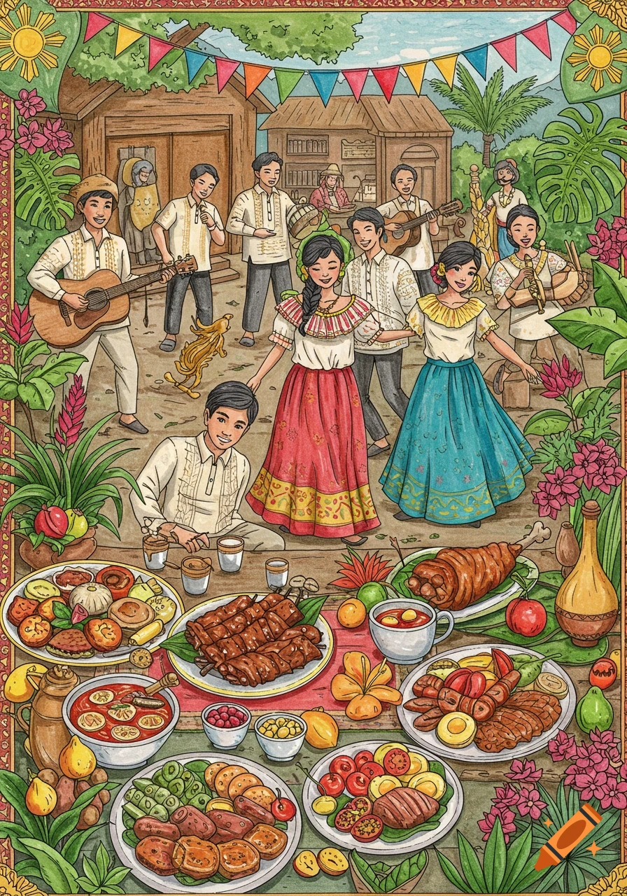 A vibrant coloring page illustration of a Filipino festival with people, music, food, and traditional decorations.