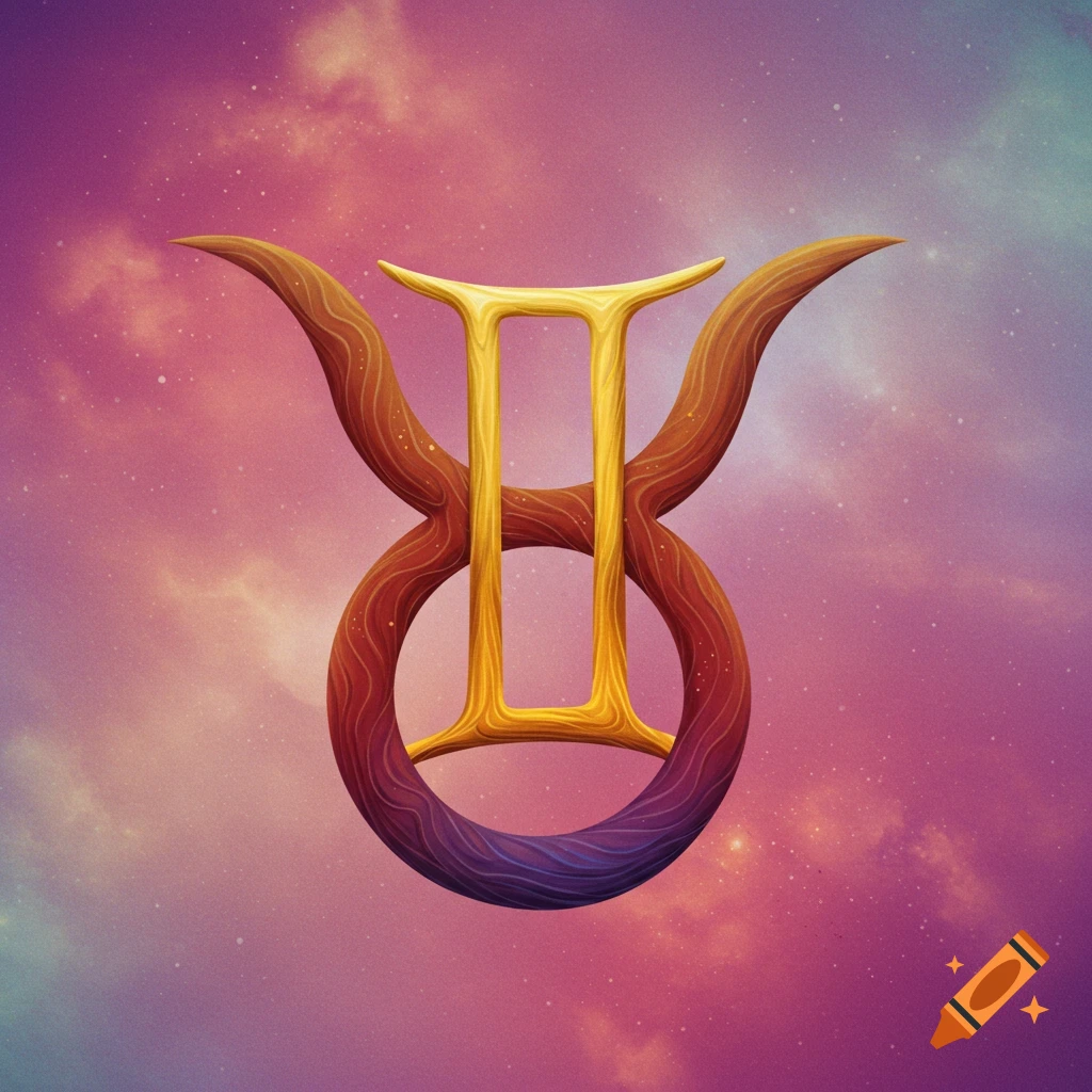 Stylized combined Gemini and Taurus zodiac symbols on a colorful starry background.