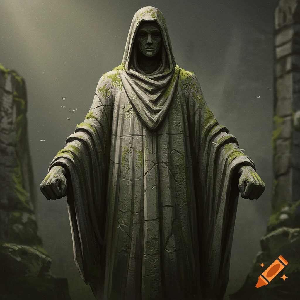 Old stone statue of a cloaked figure with clenched fists in misty ruins.