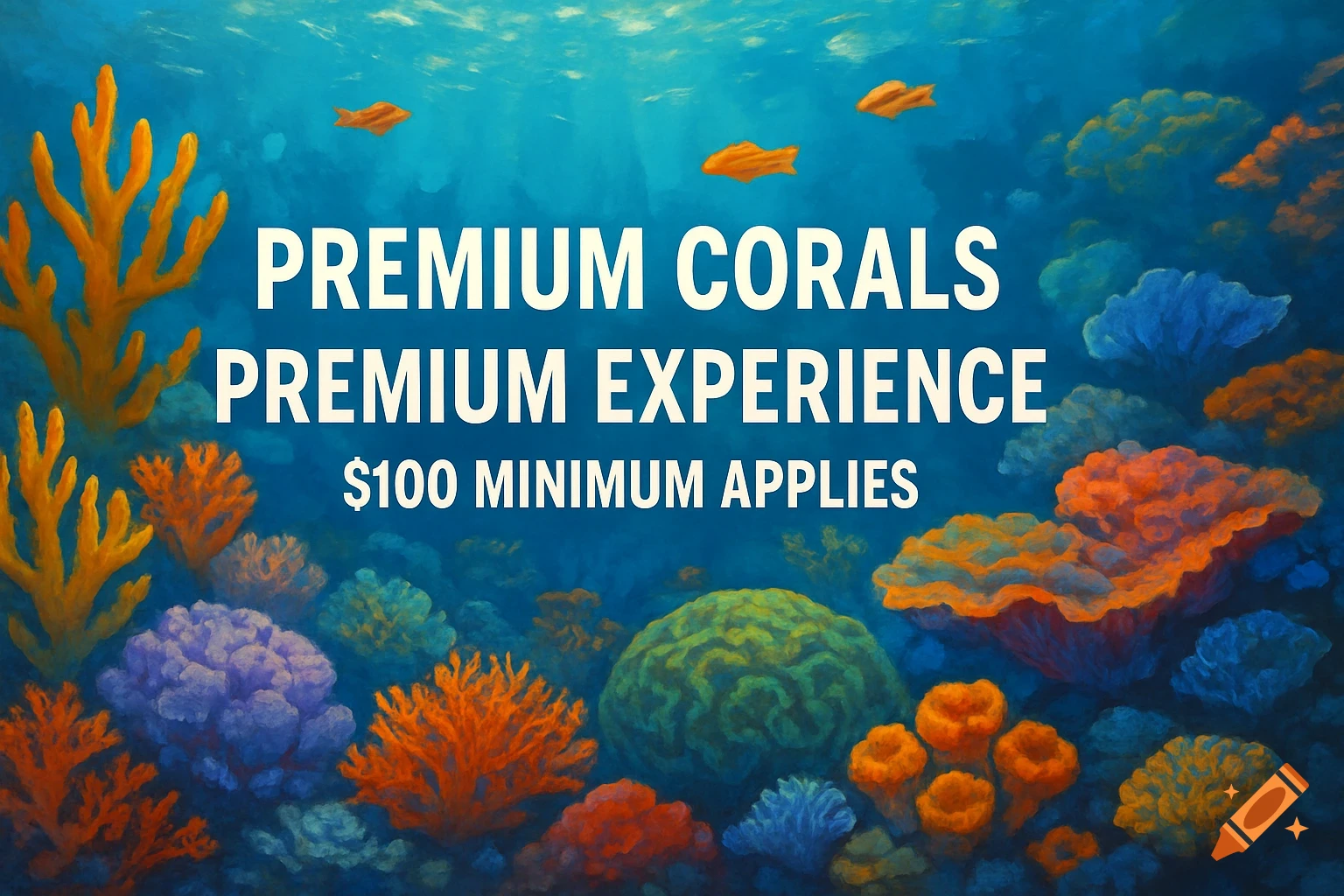 Illustration of a colorful coral reef with fish and white text overlay.