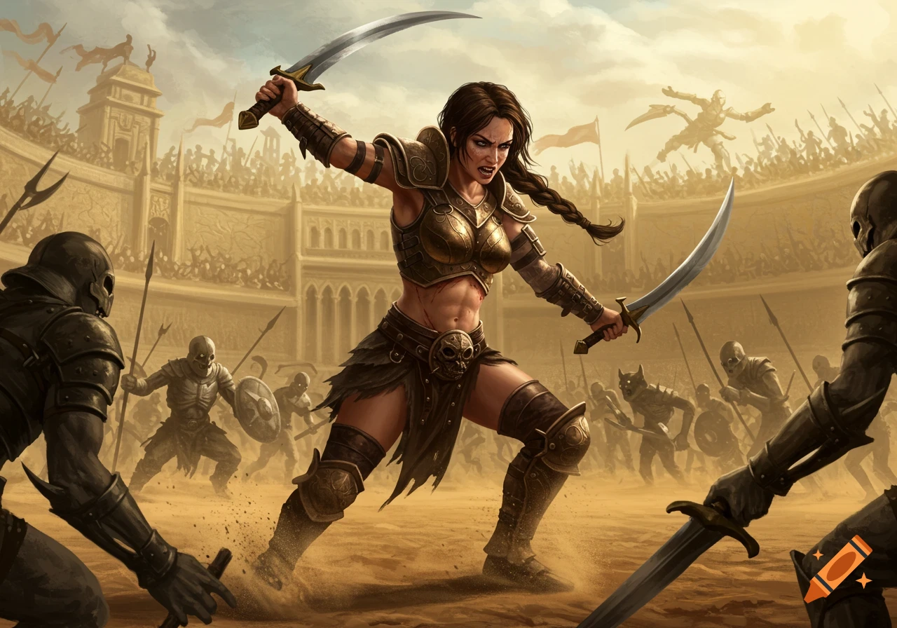 Fantasy painting of a female gladiator battling skeleton warriors in a desert arena