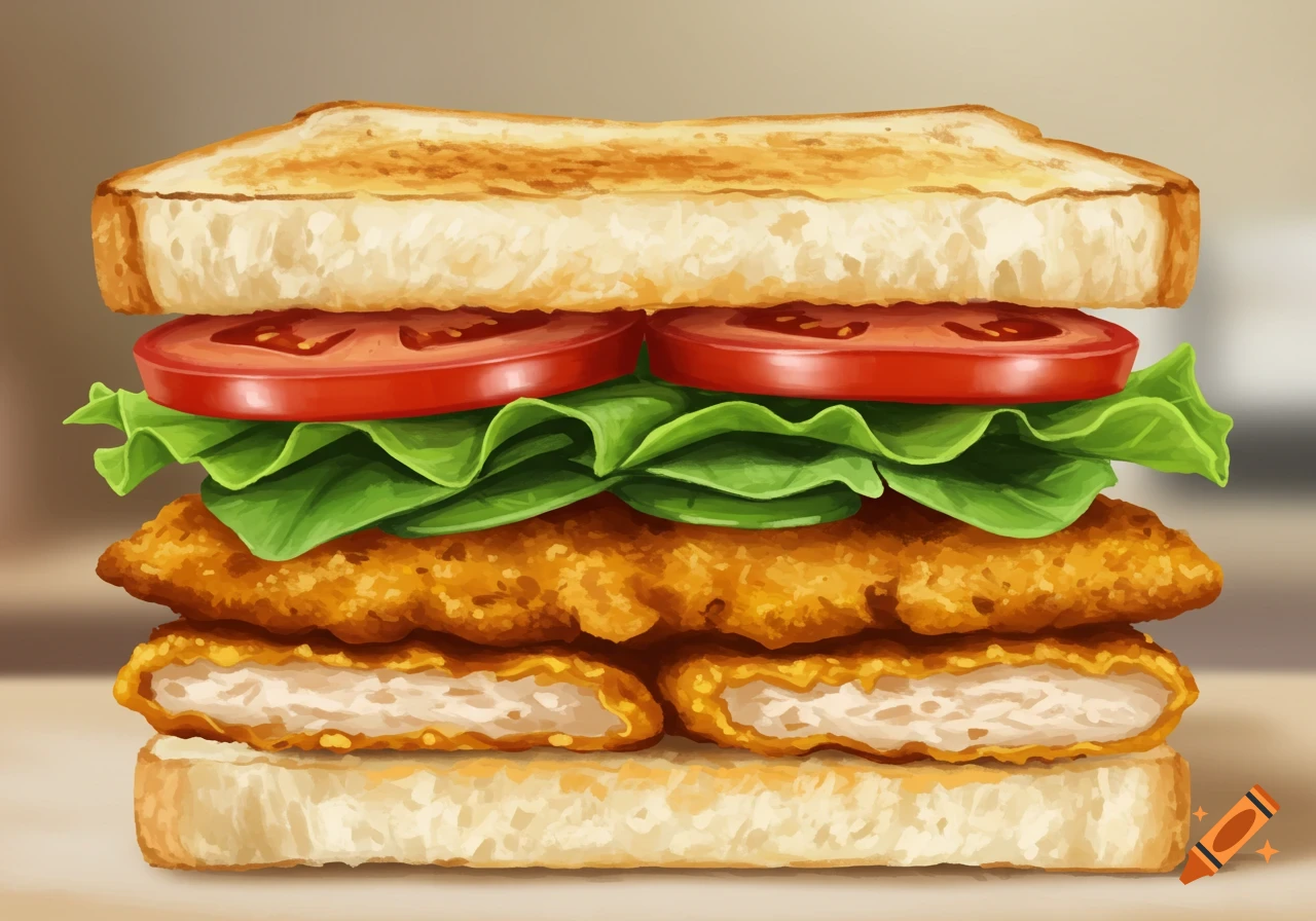 Close-up illustration of a tall chicken sandwich with lettuce and tomato on toasted bread.