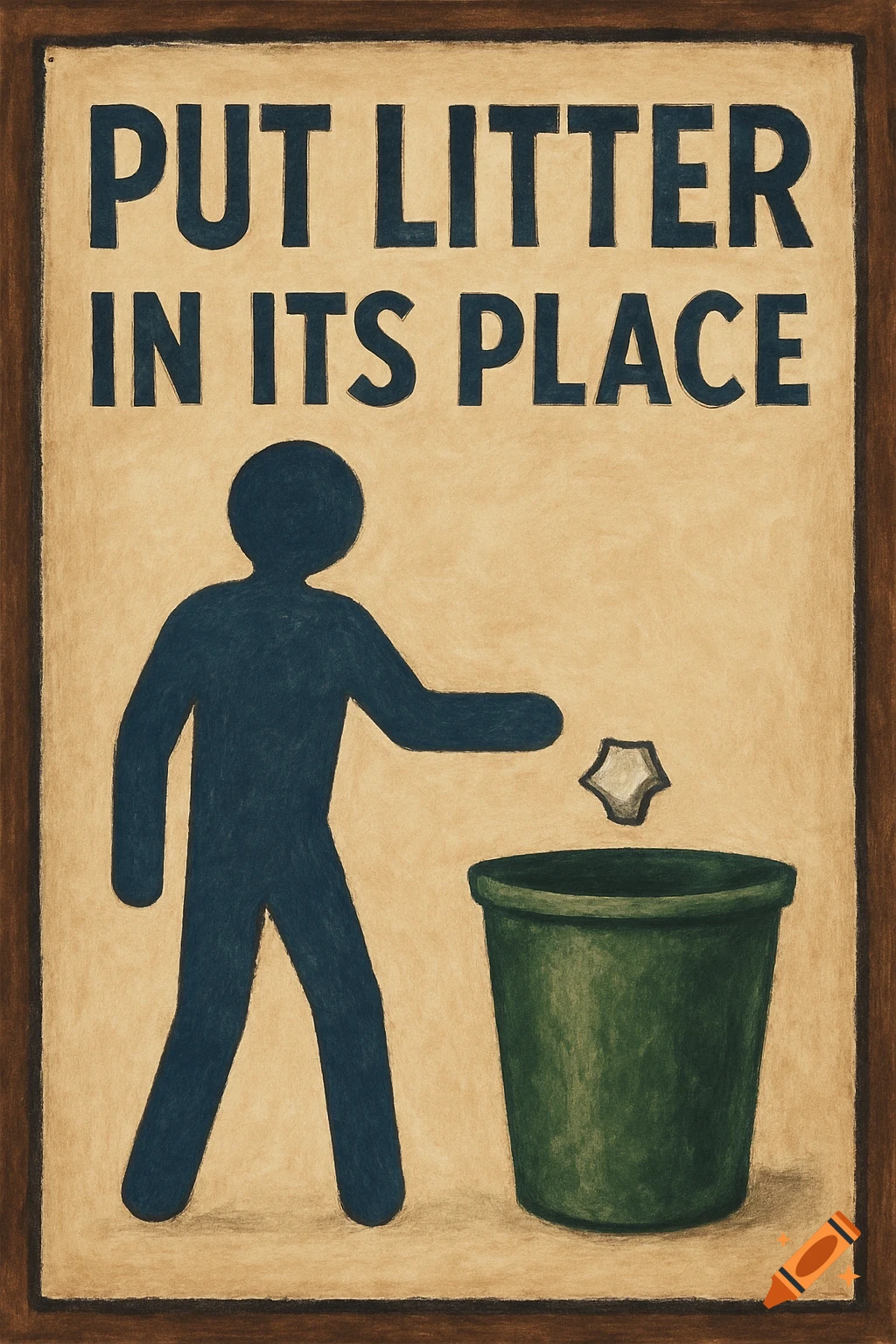 A stylized poster shows a silhouette figure putting litter into a trash bin. Text reads 'PUT LITTER IN ITS PLACE'.