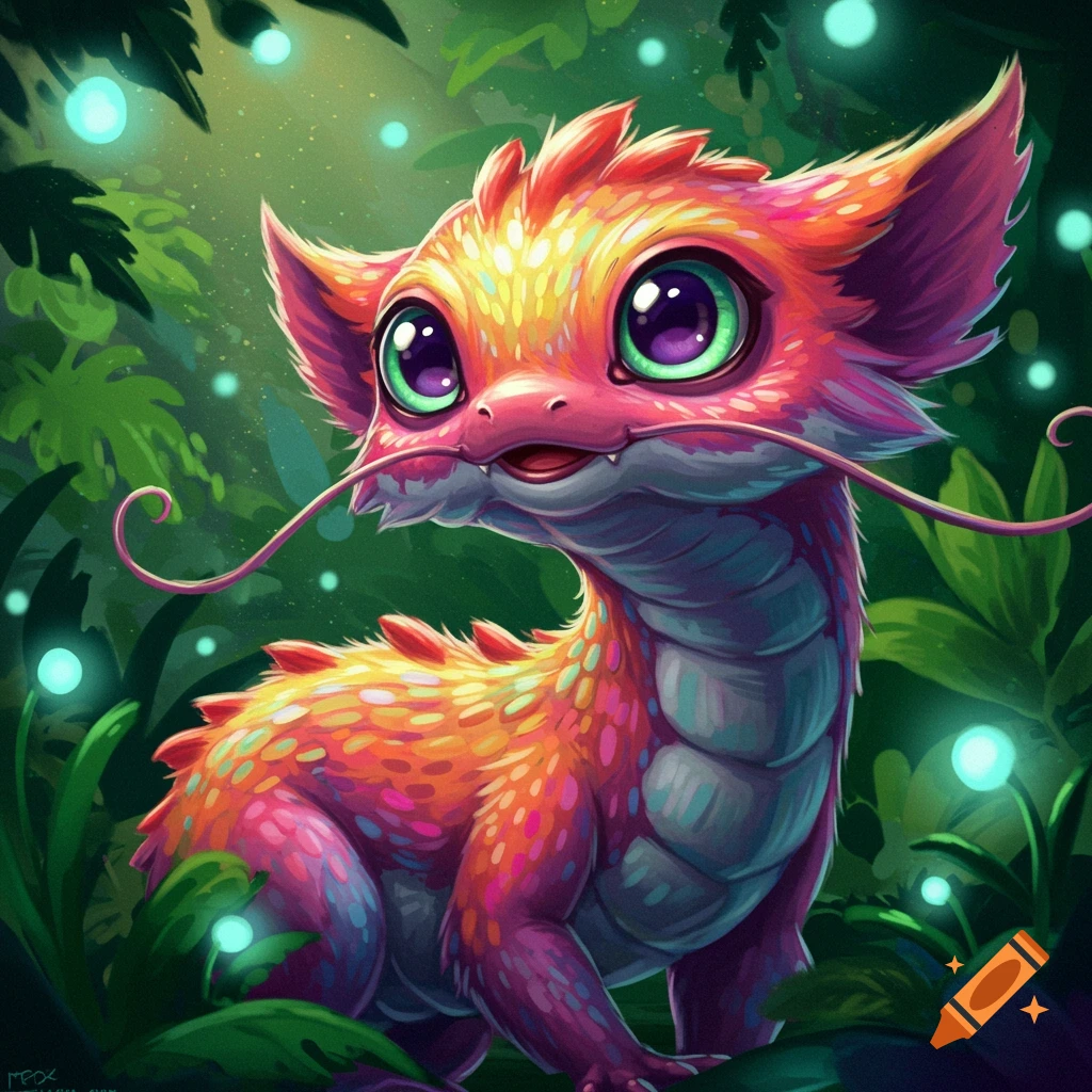 Cute colorful fantasy creature with big eyes and long whiskers sits in ...