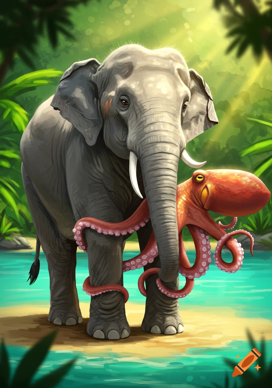 Illustration of an elephant and an octopus in a jungle by a river.