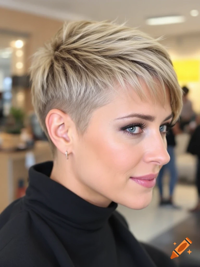 Woman with short blonde pixie cut hairstyle