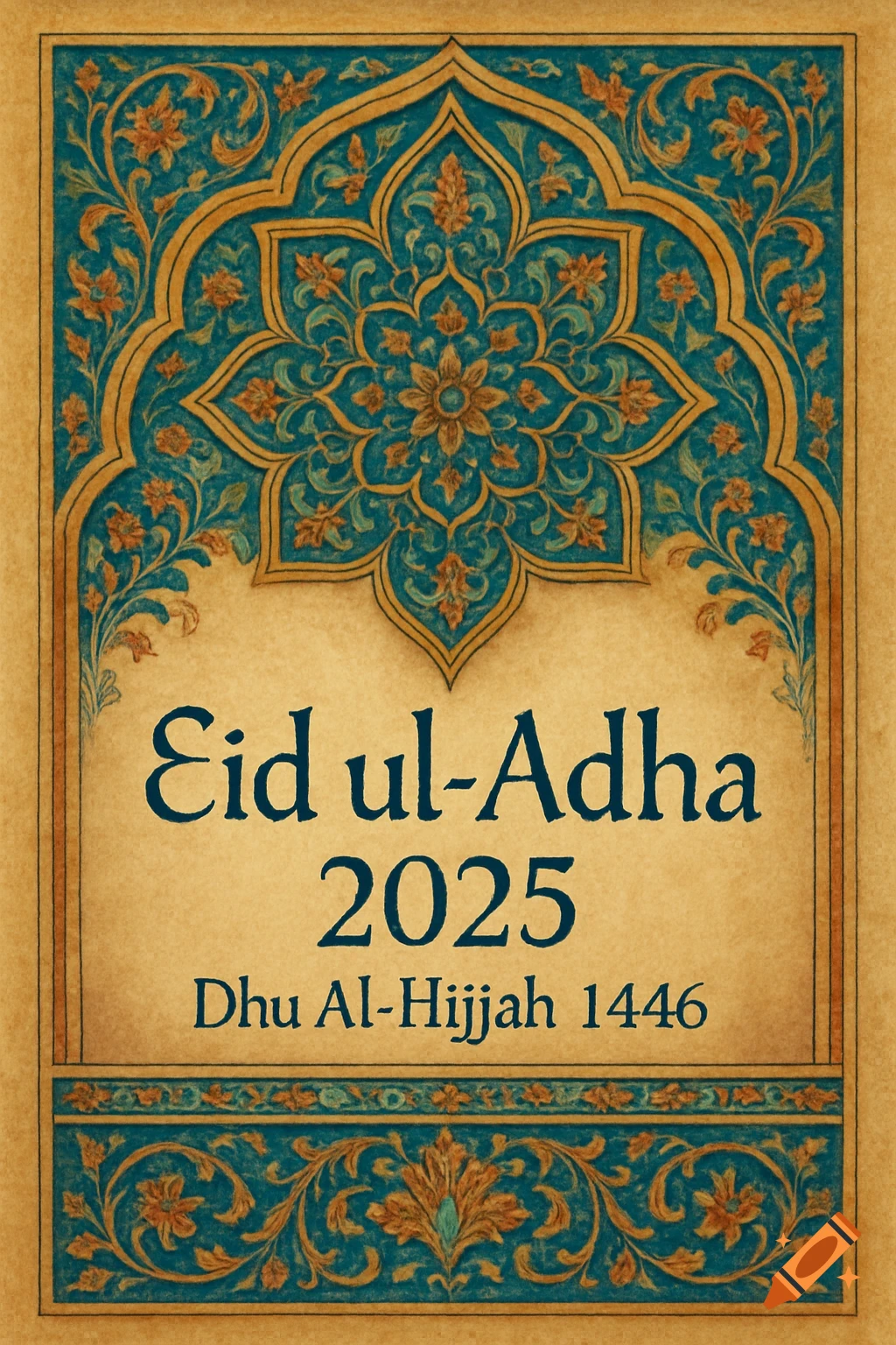 Greeting card for Eid ul-Adha 2025 with blue and gold Islamic art pattern and text Dhu Al-Hijjah 1446