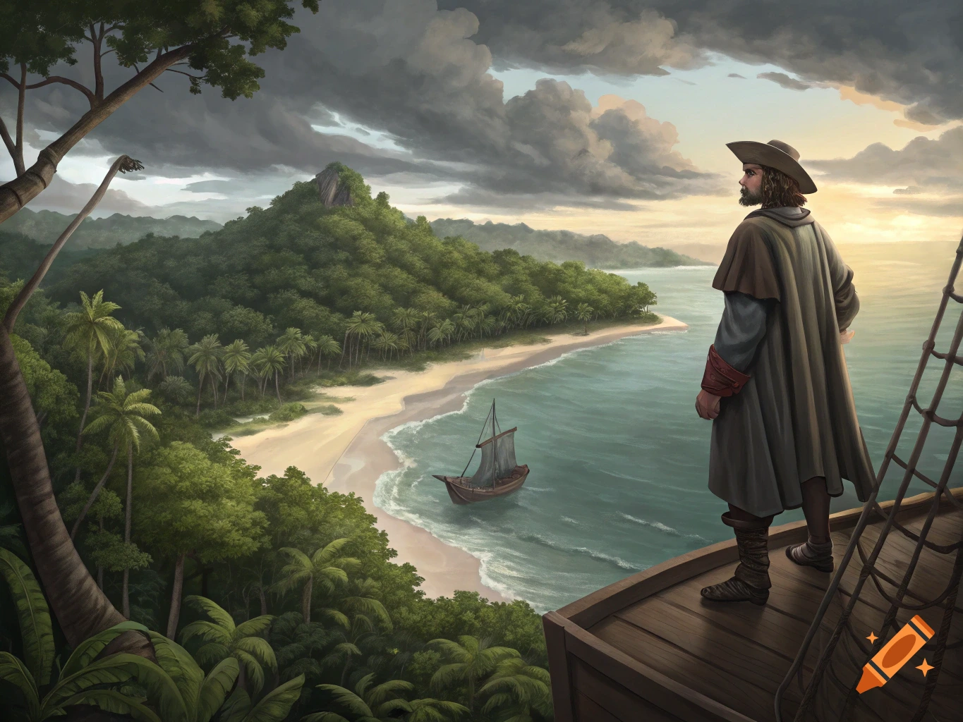 A man in a pirate hat looks out from a ship at a tropical island beach at sunset, illustration style.