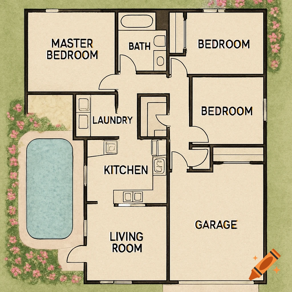 A hand-drawn floor plan of a house with rooms labeled, a pool, and a garage.