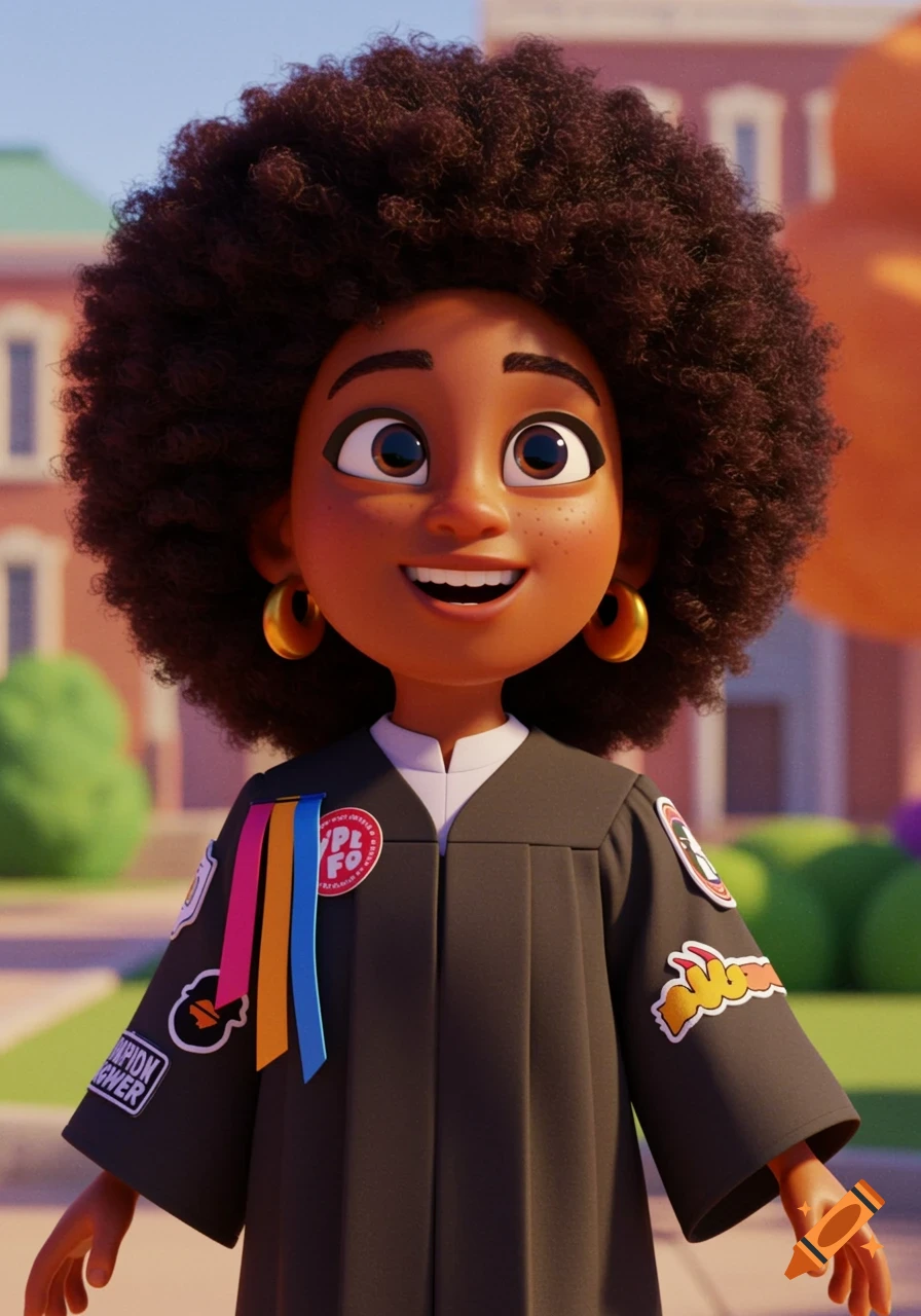 A smiling Pixar-style animated character, a Black woman with an afro, wears a graduation gown with patches and ribbons.