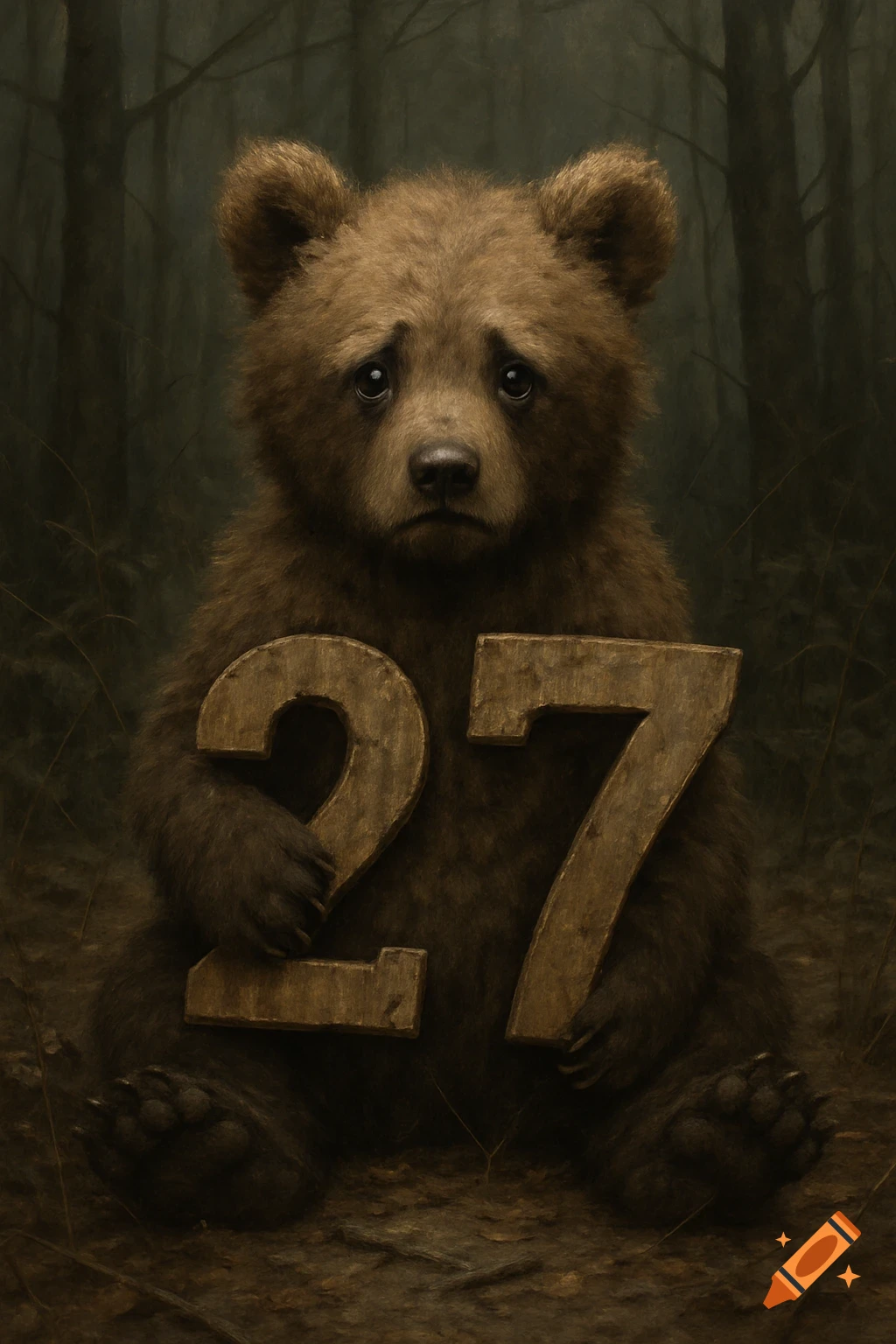 A sad baby bear sits in a forest holding the numbers 27.