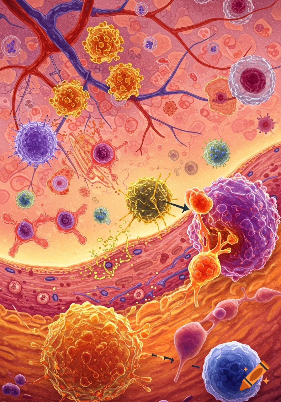 Microscopic illustration of the innate immune system showing various immune cells, pathogens, and blood vessels.