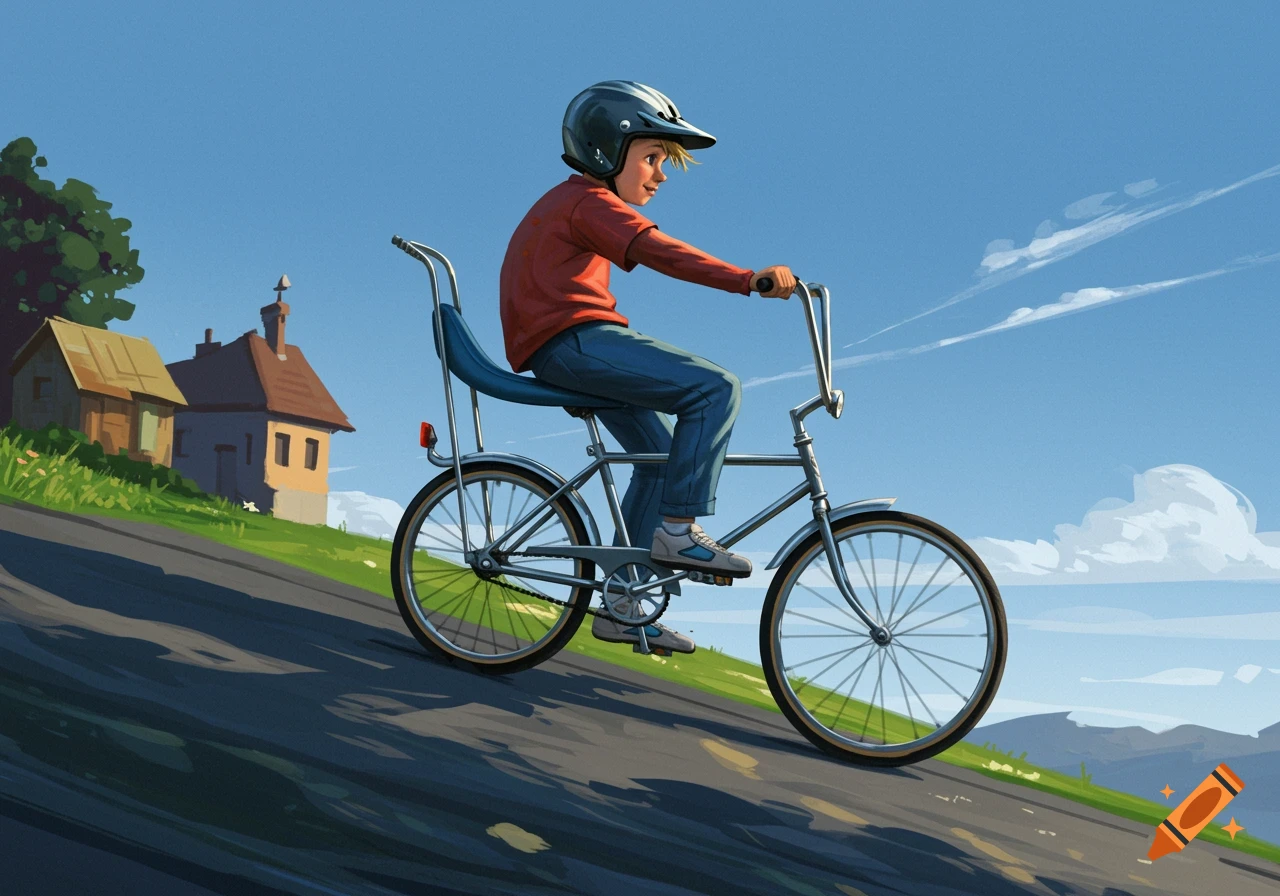 Illustration of a boy riding a vintage banana seat bicycle downhill past houses.