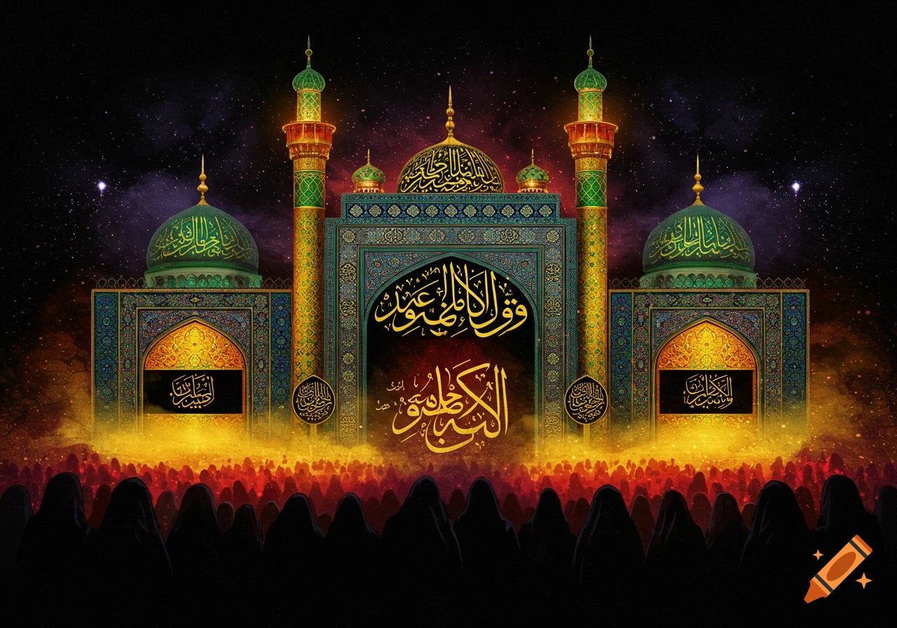 Mosque or shrine with green domes, Arabic calligraphy, silhouetted crowd, starry sky.