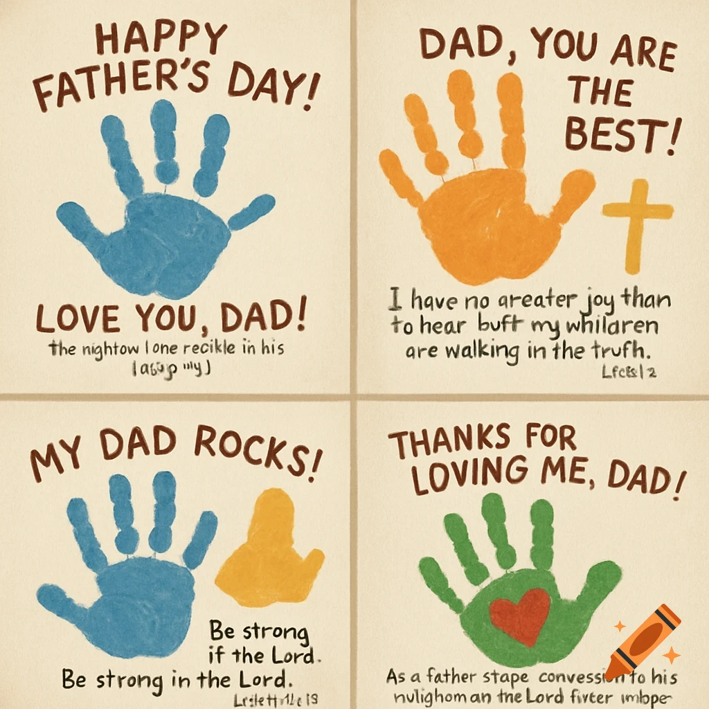 Four panels showing colorful handprints with Father's Day messages in a craft style.