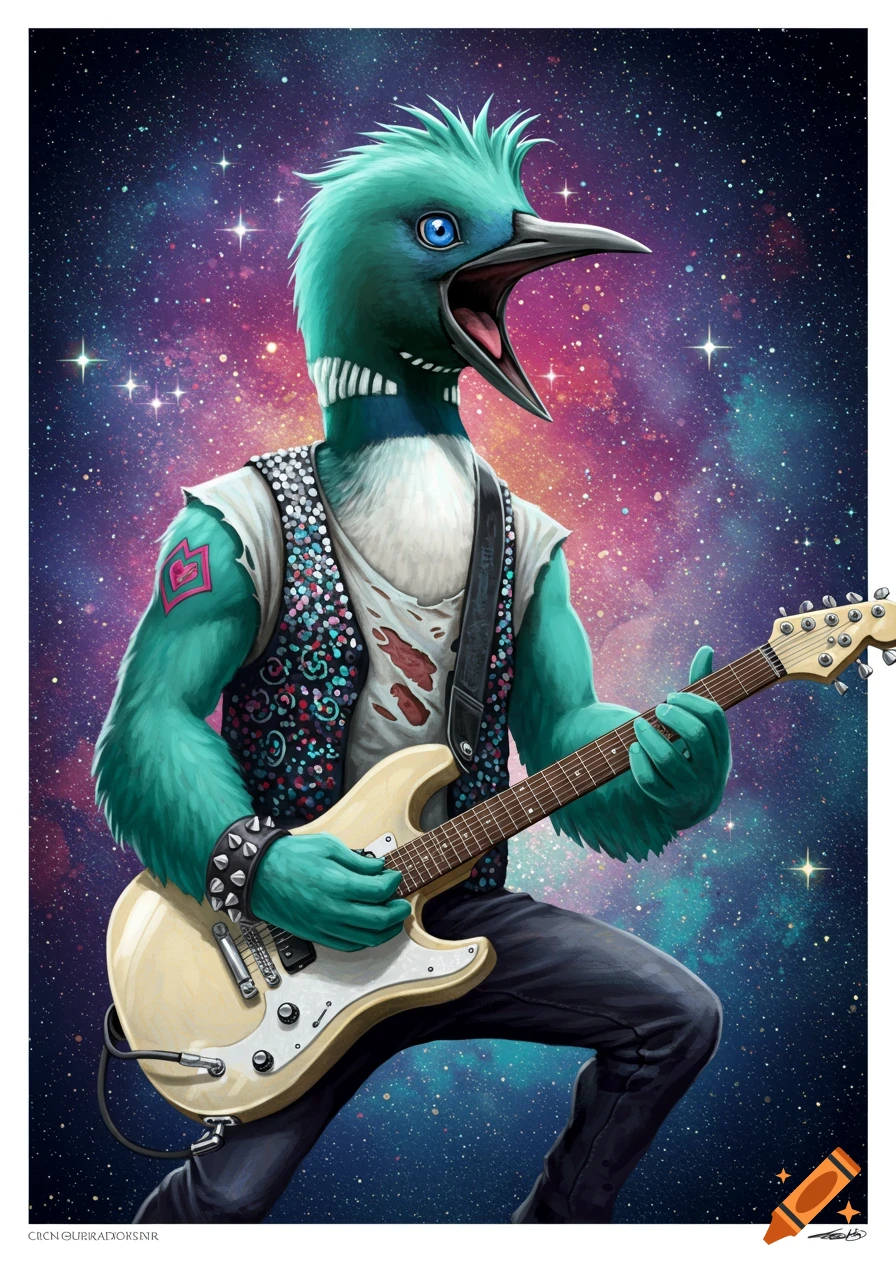 An anthropomorphic bird rock star with green feathers playing an electric guitar in space.