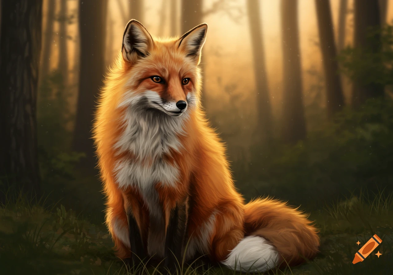 An orange and white fox sits in a sunny forest.