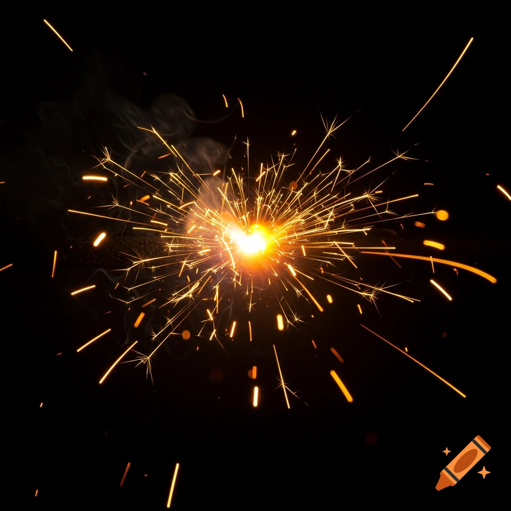 Bright sparks fly outward against a black background.