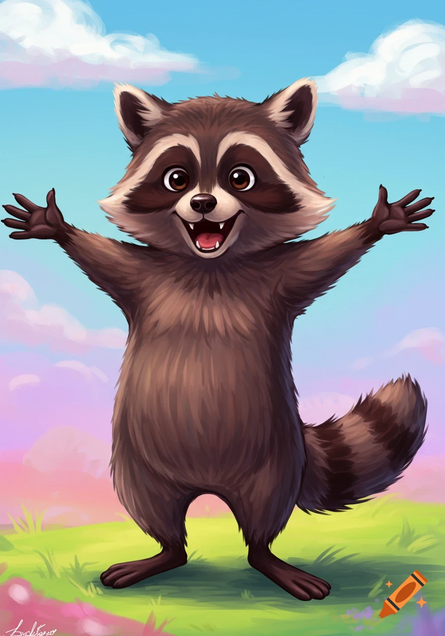 Cartoon raccoon standing with arms spread in a field under a cloudy sky.