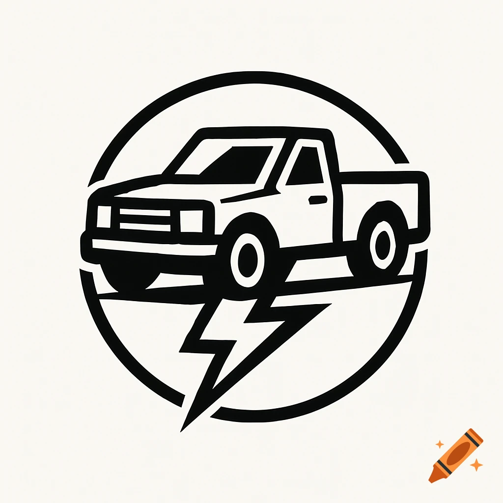Black and white logo of a pickup truck above a lightning bolt inside a circle.