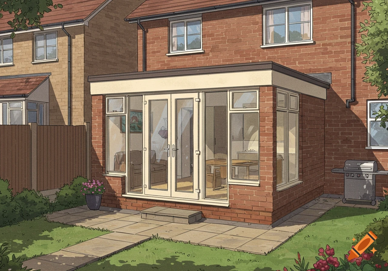 Illustration of a flat roof patio extension on the back of a brick house with a glass door and windows, patio, and garden.