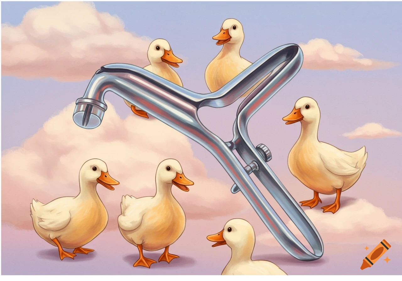 Illustration of six yellow ducklings surrounding a shiny metal medical speculum under a cloudy sky
