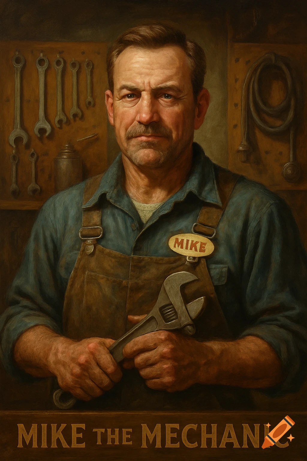 Realistic painting portrait of a mechanic named Mike holding a wrench in his workshop.