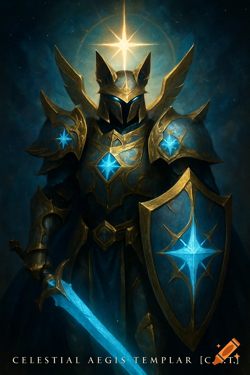 A fantasy knight in blue and gold celestial armor holding a glowing sword and shield.
