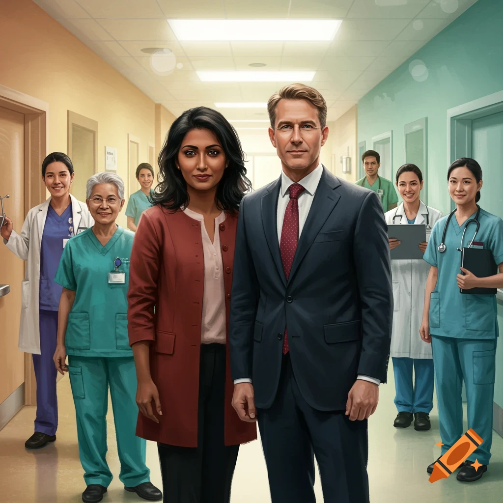 A diverse group of medical professionals and leaders stand in a hospital hallway. Photorealistic illustration.