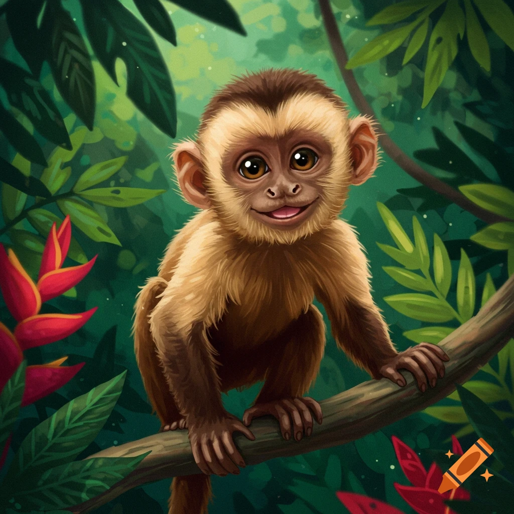 A cute baby monkey sits on a branch in a jungle illustration.