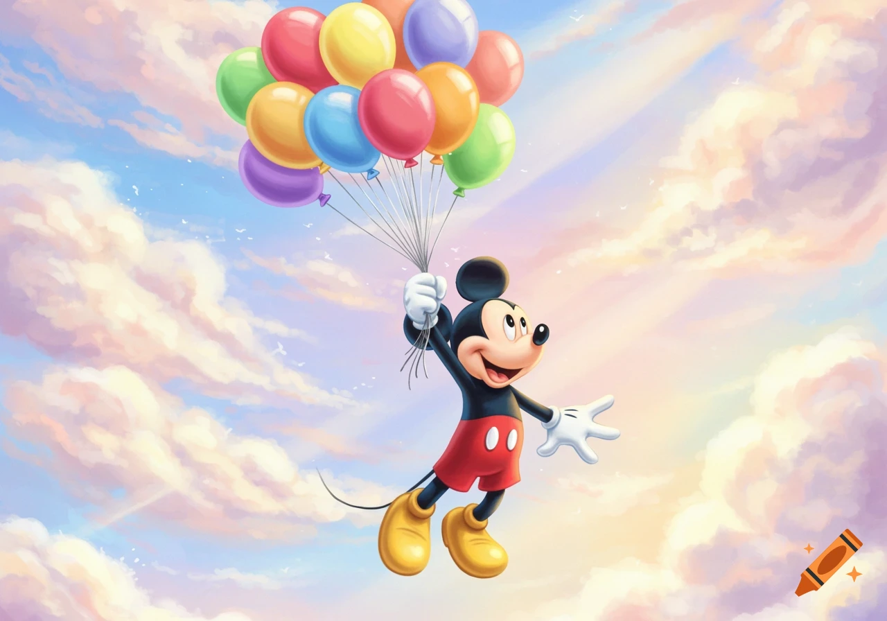 Mickey Mouse floats in a cloudy sky holding colorful balloons.