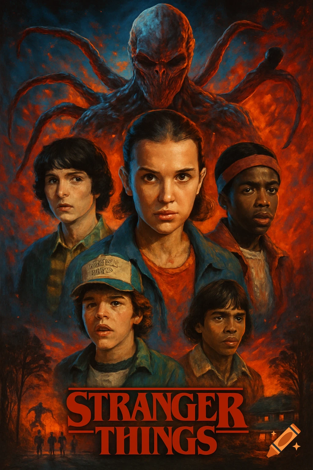 Poster featuring characters from Stranger Things and a monster against a fiery background.